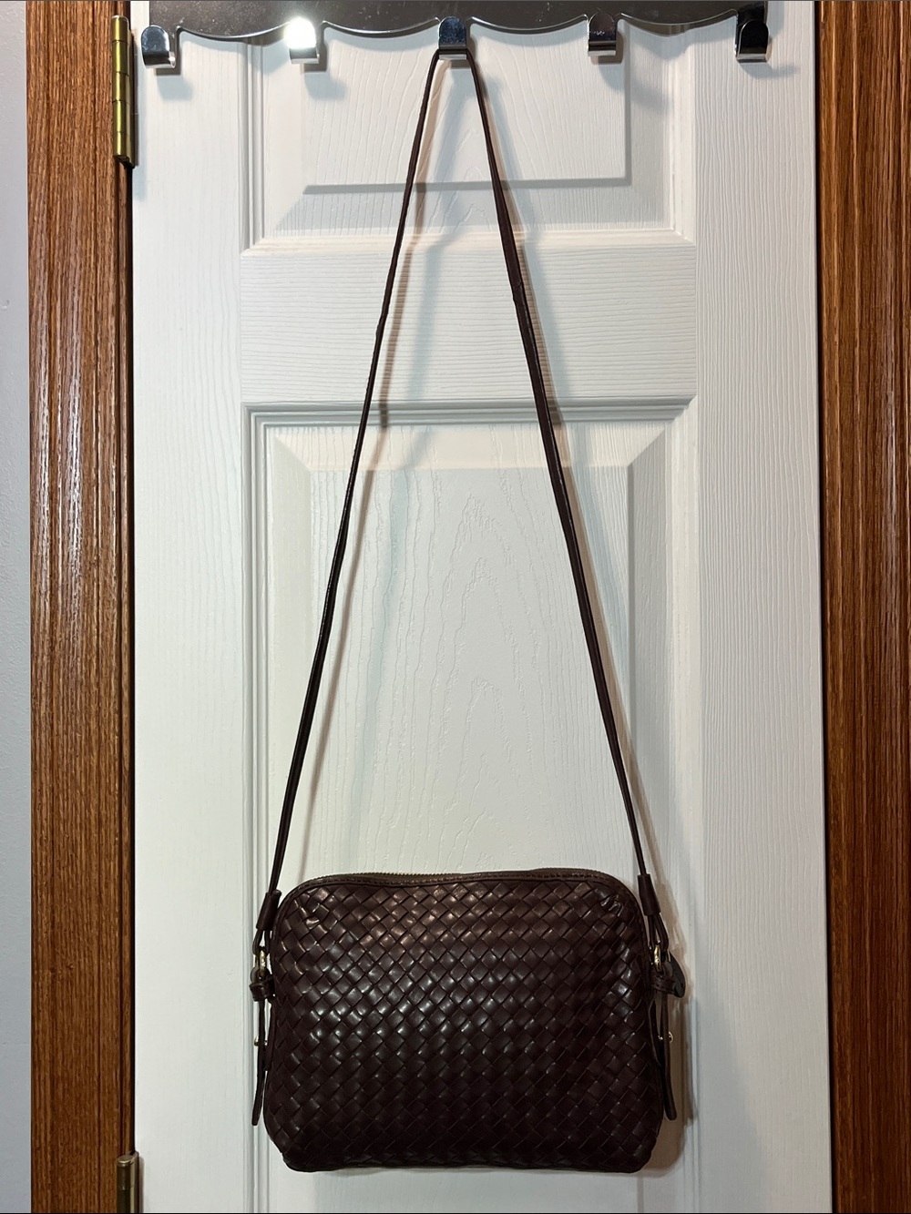 Margo Dark Brown Braided Leather Crossbody Zip Top Purse Shoulder Bag Gold Trim